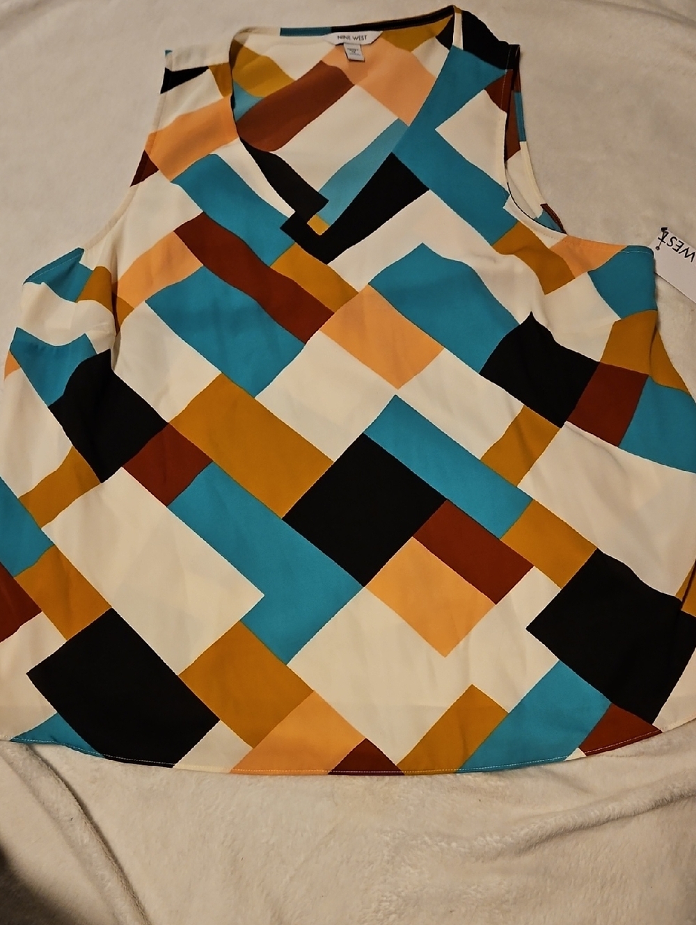Nine West Geometric Cold-Shoulder Tank in Teal, Mustard, Black and White